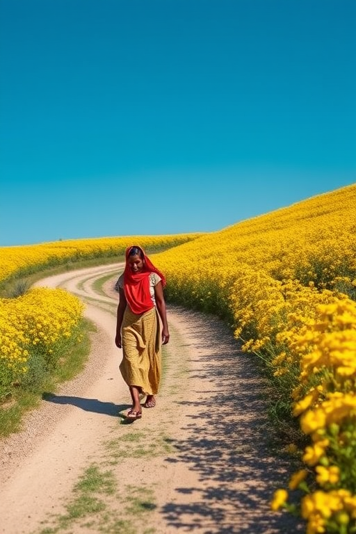 Capture a person in traditional attire walking along a winding dirt road surrounded by vibrant yellow flowers under a clear blue sky, shot with a Canon EOS R5 at f/2.8, 1/200 sec, ISO 100, using a 35mm lens in portrait orientation for depth and sharpness.