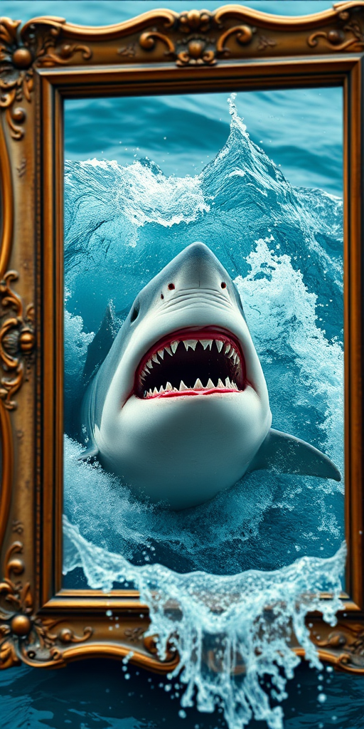 Create a hyper-realistic image of a great white shark breaking through a vintage picture frame, with dramatic splashes of water, using a Canon EOS R5 with a 24-70mm f/2.8 lens, at an aperture of f/4, ISO 100, shutter speed 1/200s, shot from a slightly low angle to emphasize the shark's action and intensity.