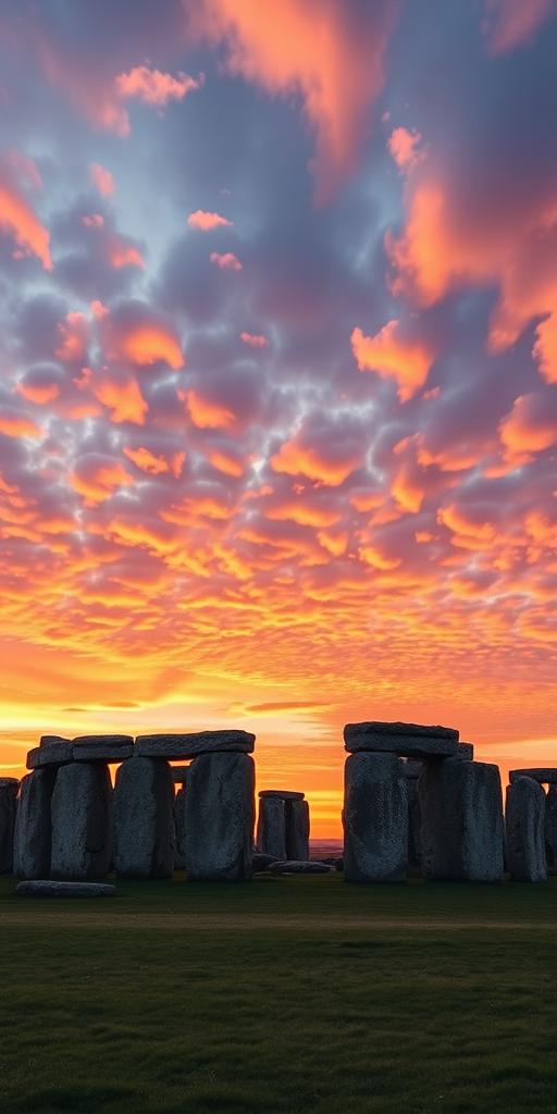 Generate an image of Stonehenge during sunset with a panoramic view, using a DSLR camera at f/8 aperture, 1/60 shutter speed, ISO 200, and a wide-angle lens to capture expansive detail and vibrant colors in the sky.