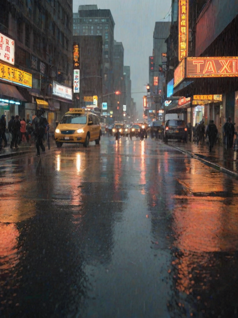 Blurry, action-packed image of a city street during a rainstorm, pedestrians with umbrellas rushing by, a taxi splashing through a puddle, reflections of neon signs and traffic lights on the wet pavement, street vendors huddling under awnings, distant thunderclouds looming in the sky above.