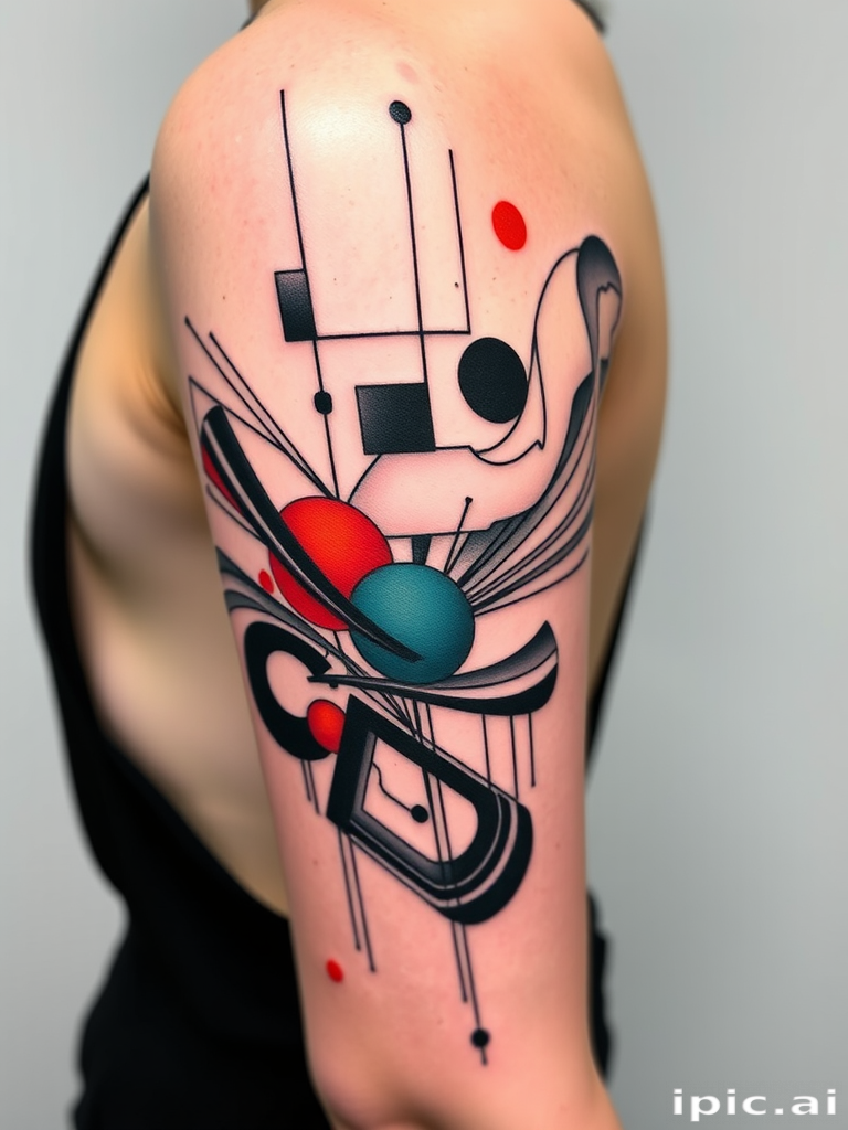 Avant-garde abstract tattoo with bold geometric shapes and fluid organic forms, rendered in a striking monochromatic palette with pops of vibrant color for a contemporary artistic statement