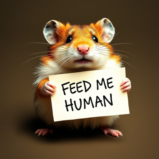 hamster holding a note which says "FEED ME HUMAN"