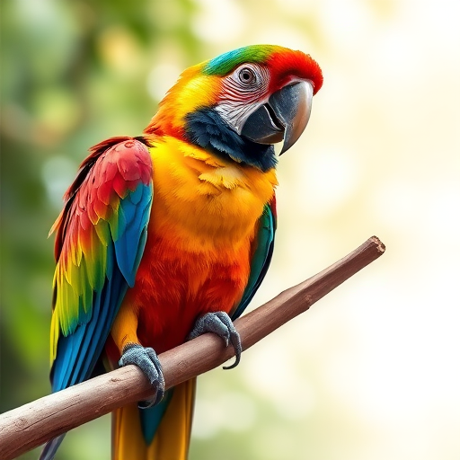 create a vibrant illustration of a parrot perched on a branch, captured with a DSLR camera, 50mm lens, f/2.8 aperture, ISO 200, natural lighting, focusing on detailed feathers and the smooth texture of the branch, against a softly blurred background.