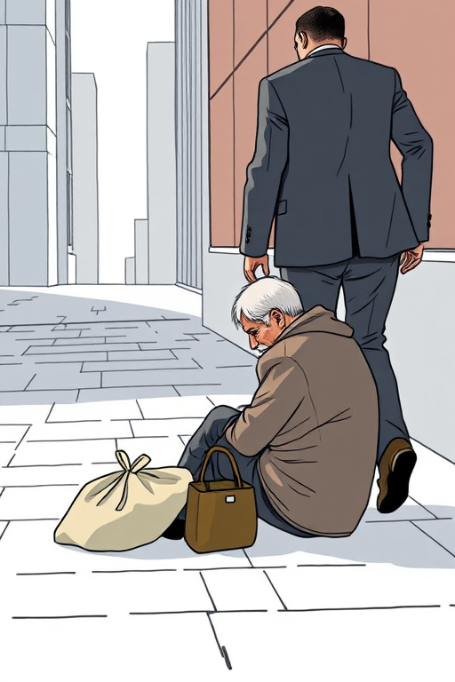Generate an illustration of a homeless person sitting on the ground with a bag beside them and a businessperson in a suit walking away, use a wide-angle lens with f/8 aperture, 50mm focal length, natural soft lighting, and a high-resolution digital camera for clarity.