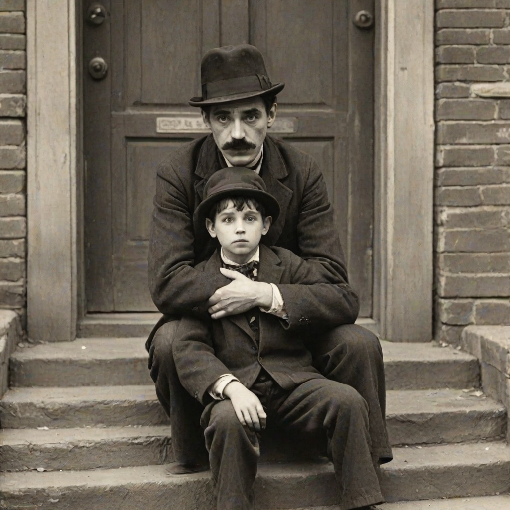 A black-and-white photograph of a man and a child sitting on steps in front of a doorway. The man is dressed as a tramp with a bowler hat, mustache, and ragged clothes, reminiscent of Charlie Chaplin's iconic look. He is sitting with his arms crossed and an expression of slight sadness or frustration. Next to him is a young boy, also in worn clothes and a cap, sitting with his hands clasped, looking thoughtful. The background is an old, textured wall and a partially open door, creating a vintage, early 20th-century atmosphere.