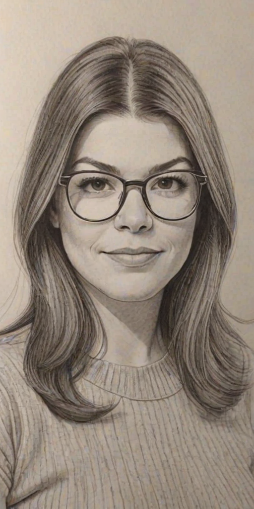 Attractive Gail Simmons, pencil sketch, portrait of Lovely woman 1972s in glasses, hair style beatnik, outline, clear lines, fine lines, 8k