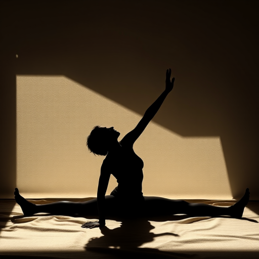 Create a high-contrast silhouette of a person stretching on a soft surface, shot with a Canon EOS R5, 50mm f/1.2 lens, aperture at f/2.8, ISO 100, and in natural light to enhance shadows and textures.