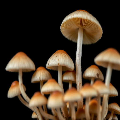 mushrooms against a black background, high contrast, macro lens, f/2.8 aperture, ISO 100, shutter speed 1/200s, soft focus lighting, shot with a DSLR camera