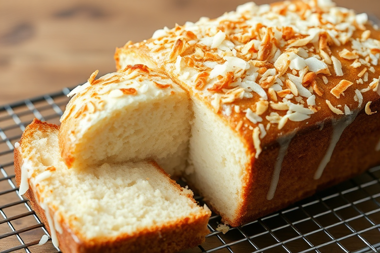 A freshly baked coconut loaf cake topped with toasted coconut flakes and a light glaze, sitting on a wire rack with a slice cut out to reveal its moist texture inside.