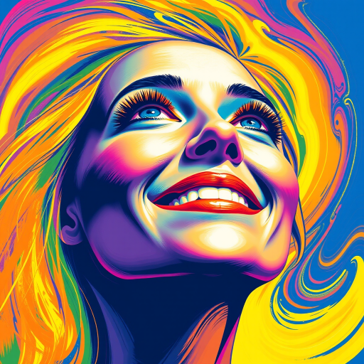 Generate a psychedelic portrait of a woman's happy face with brushstrokes of a woman smiling and looking up at the sky, emphasizing bright and bold colors. The dominant color should be deep blue, with swirling patterns of yellow, green, pink, purple and orange. open blue eyes with long eyelashes, apply an orange-yellow eyeshadow for a mesmerizing effect.