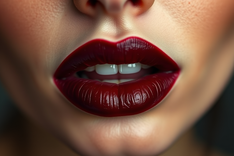 Sultry wine-stained lips showcase a deep burgundy center that fades to a softer hue at the edges, mimicking the look of sipping fine red wine
