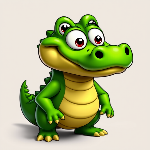 Create a cartoon alligator character with exaggerated features, bright green color, mischievous grin, and standing on all fours, captured with a DSLR camera using a 50mm lens, f/1.8 aperture, ISO 100, and shot from a slightly low angle for added depth.