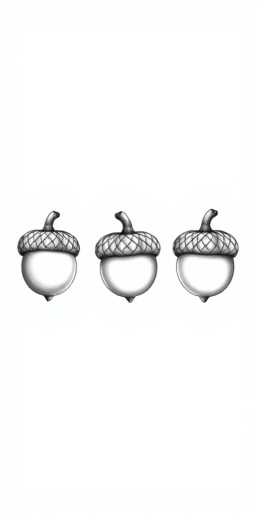 Generate a detailed illustration of four acorns in a row, showcasing different sizes and shapes, in a minimalist black and white style, captured with a DSLR camera at f/8 aperture, 50mm lens, macro view, and high resolution for enhanced clarity.
