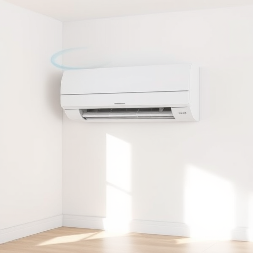 Create an image of a modern air conditioning unit installed in a corner of a minimalist room with a gentle blue airflow visible, using a DSLR camera, f/2.8 aperture, 1/60 shutter speed, 50mm lens, and natural lighting for enhanced clarity and detail.