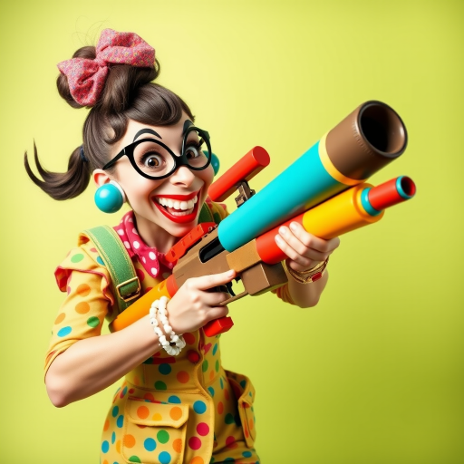 A playful woman holds a bazooka with a mischievous grin, her pose exaggerated and cartoonish. She’s dressed in a colorful, quirky outfit with oversized accessories, giving her a whimsical and fun appearance. The bazooka, although large, is designed in a cute, almost toy-like style, adding to the humorous and lighthearted vibe of the scene. The background is bright and cheerful, enhancing the overall playful atmosphere.
We share ALL our prompts in the Bing Image Prompts group: