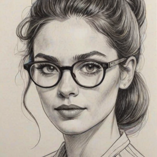 Enchanting Sophia Wylie, pencil sketch, portrait of Fascinating woman 1973s in glasses, hair style beatnik, outline, clear lines, fine lines, 8k