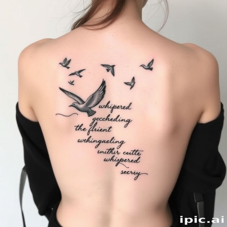 Minimalist black line art tattoo called "Whispered Secrets" depicting delicate silhouettes of birds in flight intertwined with flowing script words, creating an ethereal and poetic design for the back