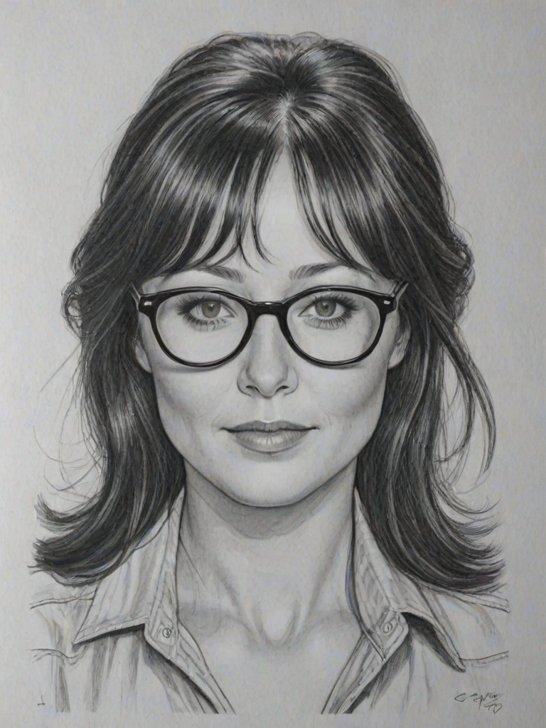 Comely Shannen Doherty, pencil sketch, portrait of Appealing woman 1970s in glasses, hair style beatnik, outline, clear lines, fine lines, 8k