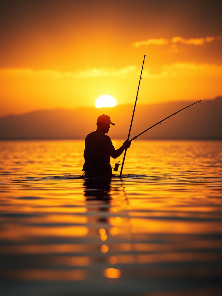 A fisherman silhouetted in golden water at sunrise, reflections shimmering, shot with a Canon EOS R5, 50mm lens at f/1.8, ISO 100, 1/2000s, capturing a serene and vibrant atmosphere.