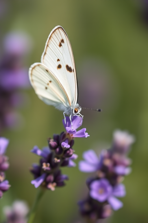 close-up of a white butterfly with black spots perched on purple lavender flowers, shallow depth of field, soft bokeh background, ISO 100, f/2.8 aperture, 100mm macro lens, natural daylight, DSLR camera