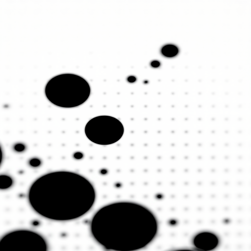 Create an image of a gradient halftone pattern with varying sizes of black circles on a white background, captured with a Canon EOS R5, 50mm lens, f/1.8 aperture, ISO 100, and a slight tilt shift effect for depth.
