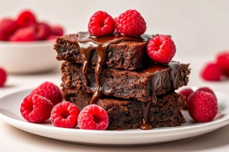 A stack of rich chocolate brownies drizzled with glossy chocolate sauce topped with fresh raspberries on a white plate against a soft, neutral background.