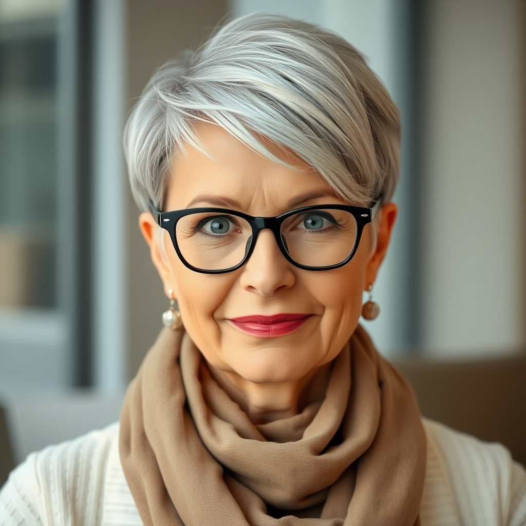 Portrait of a mature woman with short silver hair, styled in an asymmetrical pixie cut with side bangs. She wears black-framed glasses and a beige blouse with a white cardigan over it, as well as a bulky scarf in neutral tones. The woman is indoors with soft lighting and a blur in the background. Her expression is serene and confident, highlighting her elegance and modern style.