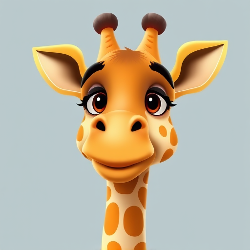 Create a high-resolution cartoon image of a smiling giraffe with yellow and brown spots, using a Canon EOS 5D Mark IV, aperture f/2.8, shutter speed 1/100s, ISO 100, with a portrait view and vibrant colors.