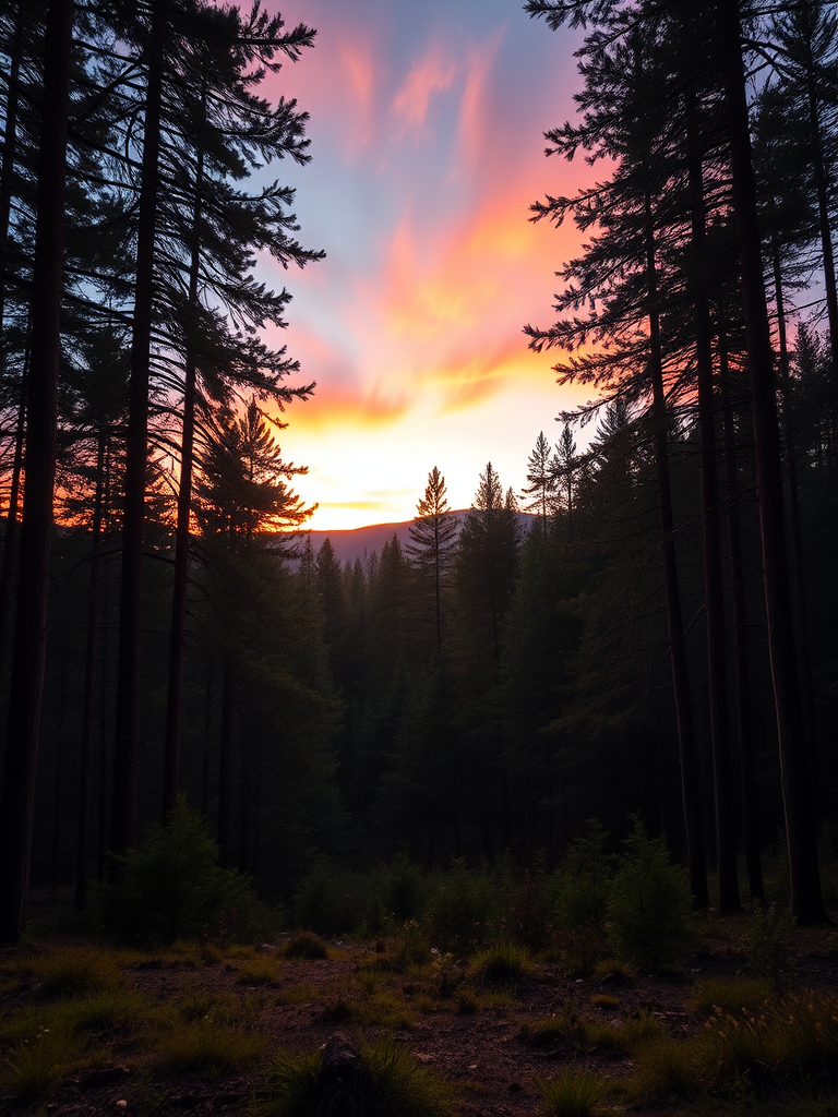 Create an image of a serene forest landscape at sunrise, using a Canon EOS R5 with a 24-70mm lens, aperture f/8, ISO 100, shutter speed 1/250s, capturing the soft light filtering through the trees and the vibrant colors of the sky in a wide-angle view.