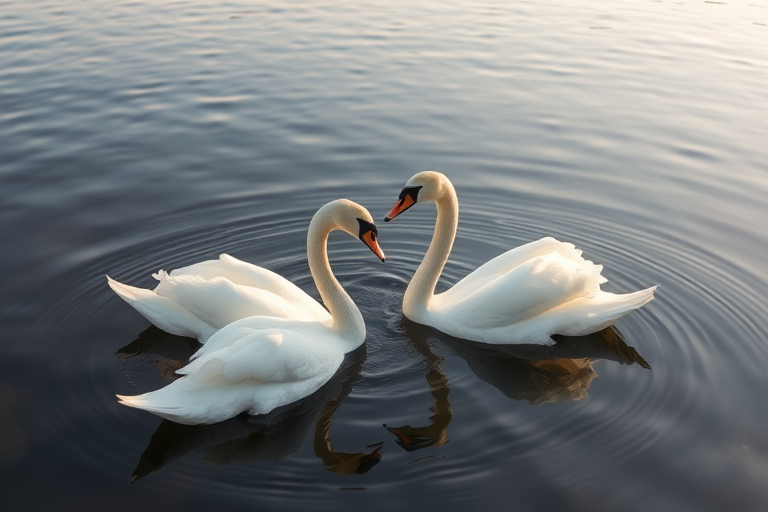 swans gracefully interacting on a serene lake, soft ripples in the water, natural lighting, shallow depth of field, 50mm lens, f/2.8 aperture, ISO 100, shutter speed 1/500s, taken with a DSLR camera, landscape orientation