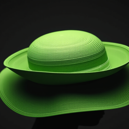 Create a high-resolution image of a green wide-brimmed hat with a lighter green band viewed from a slightly elevated angle using a DSLR camera at f/2.8 aperture, ISO 100, and a 50mm lens.