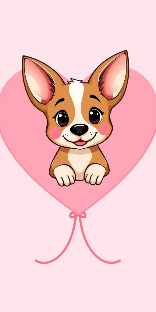 Create a digital illustration of a cute cartoon dog with big ears centered inside a soft pink heart, include a flowing ribbon at the bottom, use a Canon EOS 5D Mark IV, aperture f/2.8, shutter speed 1/100, ISO 200, 50mm lens, wide-angle view for vibrant colors and enhanced details.