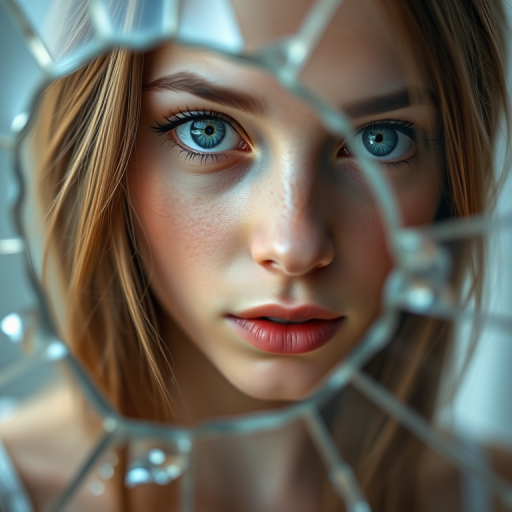 Portrait of a young woman with striking blue eyes peering through a shattered mirror, soft focus background, natural light, 85mm lens, aperture f/1.8, ISO 100, shallow depth of field, DSLR camera, high-resolution image.