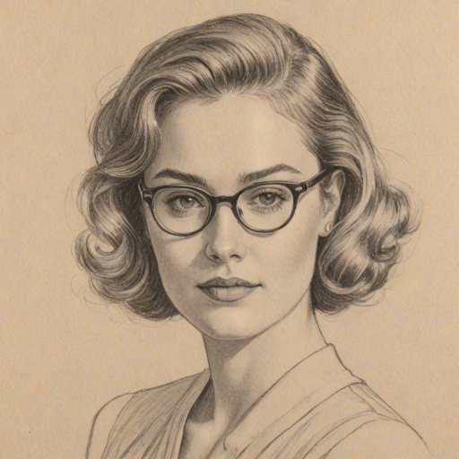 Appealing Virginia Gardner, pencil sketch, portrait of Comely woman 1949s in glasses, hair style beatnik, outline, clear lines, fine lines, 8k
