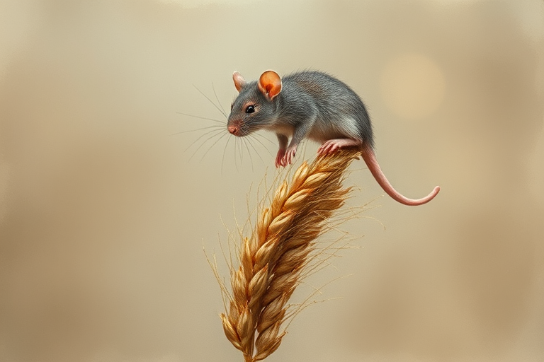 Soft, muted Alcohol Ink with ebru effect background image of tiny whimsical rat, who climbed high on the top of a golden rye ear.