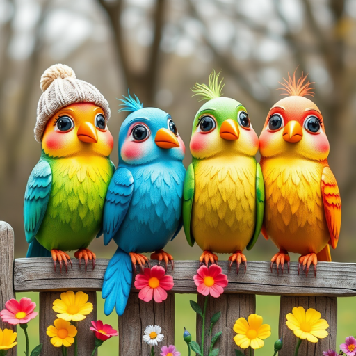 create a scene of 4 quirky  whimsical colourful comical birds each with a funny expression. they are sat on a wooden fence with colourful flowers. they are all different sizes. each one is a different colour  one is wearing a woolly hat. Each one has a different quirky google expression and there is a muted background of trees watercolour paintierly style high definition 8k resolution 3D paper mache