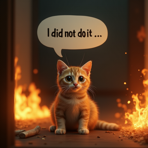 Photorealistic image of an innocent-looking cat sitting calmly in the middle of a burning room. Flames engulf the room, with fire licking up the walls and smoke filling the air. The cat is sitting on the floor, looking directly at the viewer with wide, innocent eyes. Above the cat, a speech bubble says "I did not do it" The contrast between the cat's calm demeanor and the chaos around it creates a humorous and surreal scene.