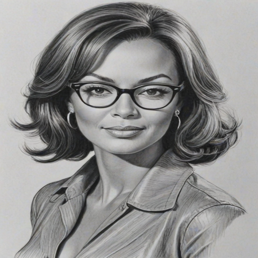 Beauteous Eva LaRue, pencil sketch, portrait of Magnificent woman 1960s in glasses, hair style beatnik, outline, clear lines, fine lines, 8k