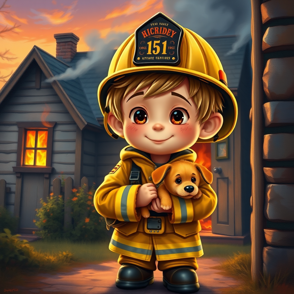 airbrushed oil painting, pixar style, cute little boy in fireman gear, helmet, tousled hair, expressive eyes, standing in the doorstep of a cottage burning behind him, holding a cute little dog in his arm, atumn sky