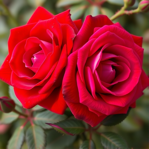Generate a high-resolution image of two blooming roses in vibrant red and deep magenta, with detailed leaves, using a macro lens at f/2.8, 1/100 sec, ISO 100, shot from a slightly elevated angle in natural soft lighting, with a focus on the texture and colors for a botanical illustration style.