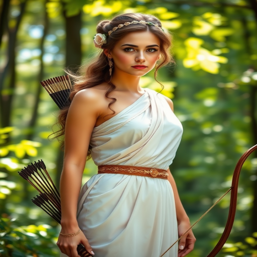 Create a portrait of a goddess-like Coptic girl figure in a tranquil, forested environment. She has an elegant appearance with long, wavy hair styled in an updo and adorned with a delicate, floral headband. She wears a flowing, ancient Greek-inspired gown in a soft, pale color, featuring a one-shoulder design and draped fabric that accentuates her graceful form. The outfit includes a decorative belt with ornate gold detailing, and she holds a bow in her hand, with a quiver of arrows slung over her shoulder. The background depicts lush greenery, with sunlight filtering through the trees, casting a gentle, ethereal light on the scene. Her expression is calm and contemplative, embodying a sense of wisdom and serenity.