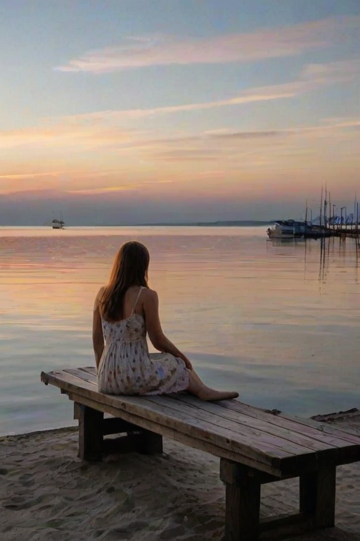 Quiet pier at dusk, boats gently rocking in the water, a woman in a sundress sits on a wooden bench, watching the last rays of the sun disappear beyond the horizon.