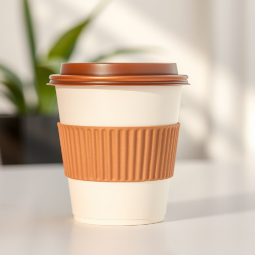 Create a high-resolution vector illustration of a cylindrical coffee cup with a brown lid and a two-tone, beige and brown body, using a 50mm lens at f/2.8 for shallow depth of field, shot with a DSLR camera from a slightly elevated angle with soft natural lighting.