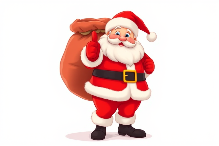 Create a cartoonish Santa Claus character with a large sack, standing and giving a thumbs up, with a bright white background, captured with a DSLR camera at f/2.8, 50mm focal length, ISO 100, natural lighting for enhanced image quality.