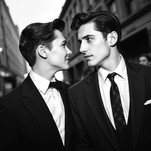 Black-and-white photograph, couple, tailored suits, retro hairstyles, film noir style, Tilt the camera for a dynamic Dutch angle using a versatile 24-70mm lens