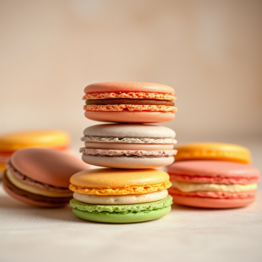 stacked colorful macarons on a soft beige background, shallow depth of field, natural lighting, 50mm lens, f/2.8 aperture, ISO 100, shot from a low angle