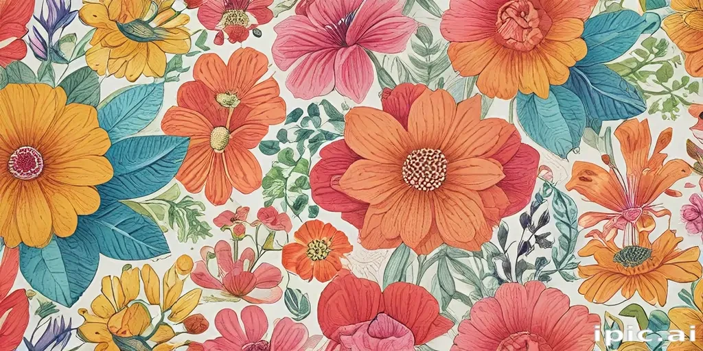Vibrant Floral Pattern Featuring a Variety of Colorful Blossoms and Leaves