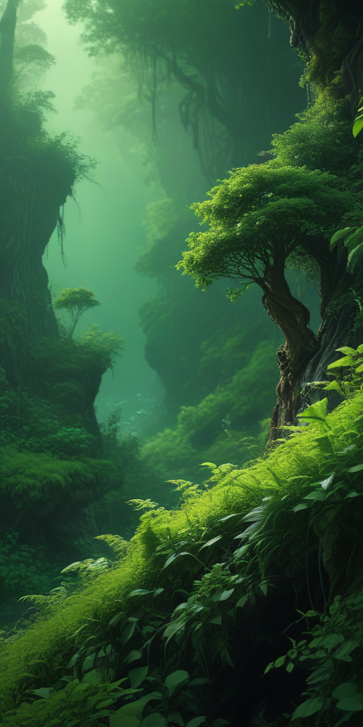 Enchanting Misty Forest Landscape with Lush Greenery and Towering Trees