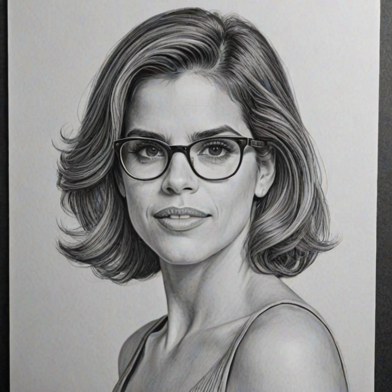 Ravishing Natalie Morales, pencil sketch, portrait of Ravishing woman 1954s in glasses, hair style beatnik, outline, clear lines, fine lines, 8k