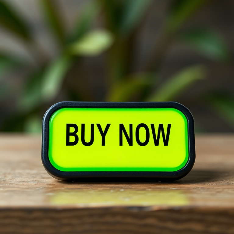 Create a high-resolution image of a bright green "BUY NOW" button with bold black text, using a DSLR camera with a 50mm lens, aperture f/1.8, ISO 100, shot from a slightly elevated angle to provide depth, with soft natural lighting for enhanced clarity.